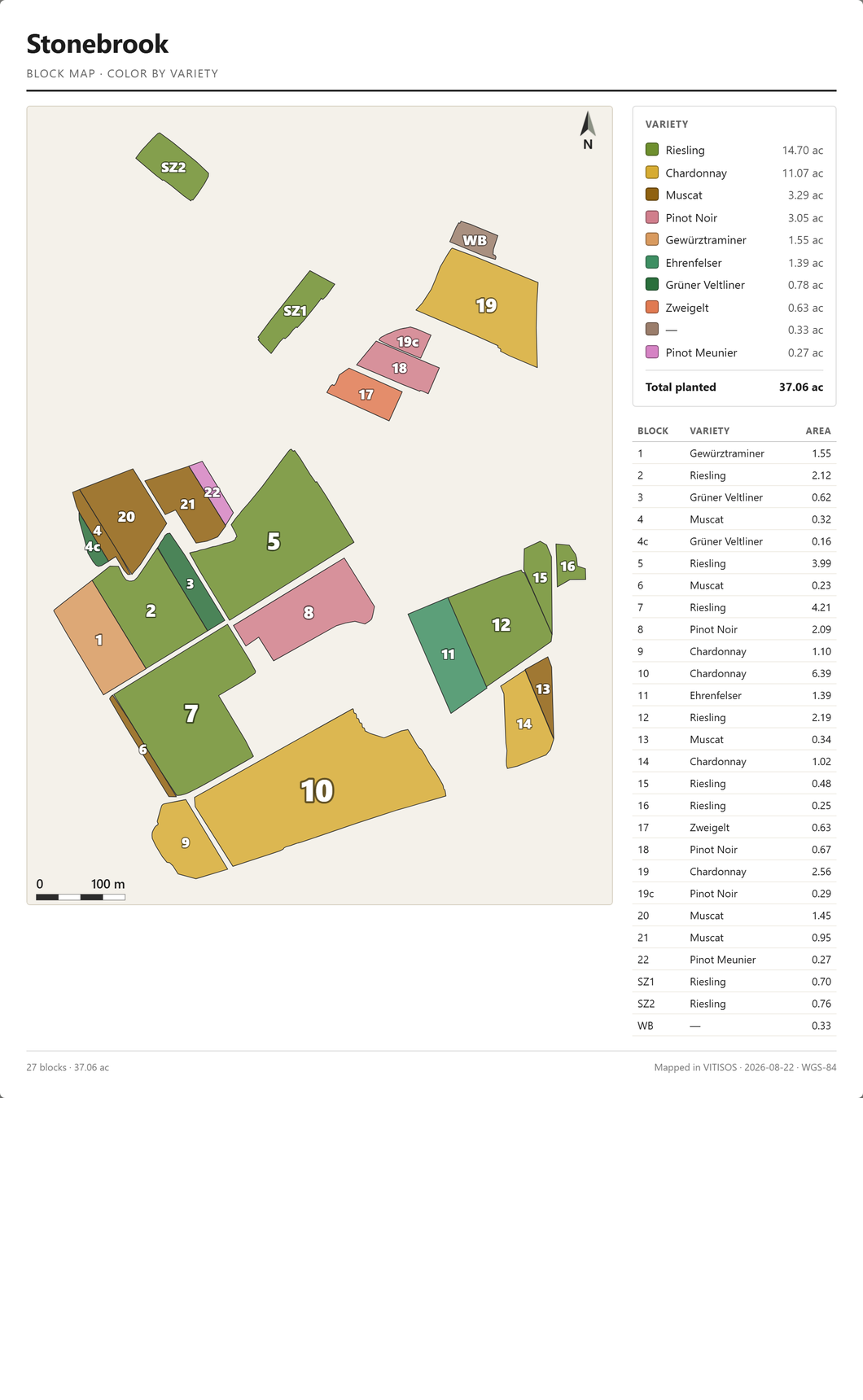 VITISOS print-quality vineyard map with blocks, legend, scale bar, and north arrow